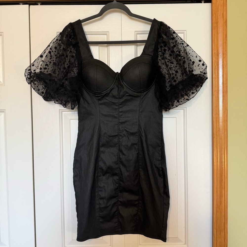 Haute Monde Black Sheer Bubble Sleeve‎ Mini Dress.